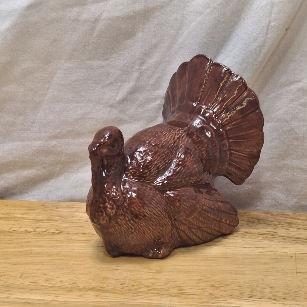 Vintage Unbranded Ceramic Turkey Figurine Brown Glazed Thanksgiving Decor